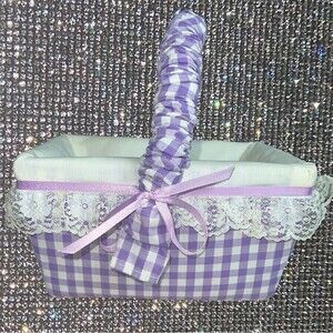 Picnic basket 60’s vintage gingham cute bows purple white lace floral cabincore